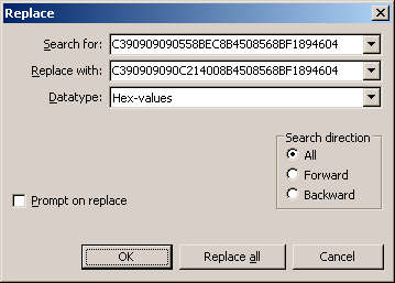 Find and replace dialog in HxD, with a hex code ready.