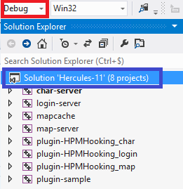 MS Visual Studio 2012: Compile configuration (red) and solution (blue) with it's child projects.